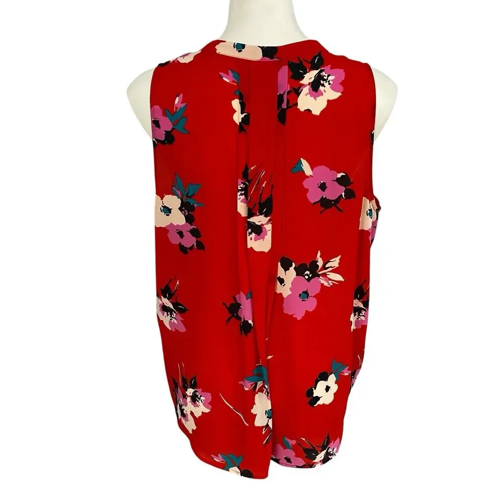 41 Hawthorne Top Womens XL Breyson Pleat Split Neck  Red Floral Office Casual